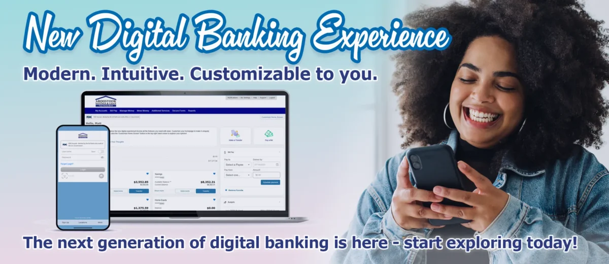 Woman smiling using mobile phone and laptop — new digital banking experience from Aroostook Savings & Loan, modern, intuitive, and customizable.
